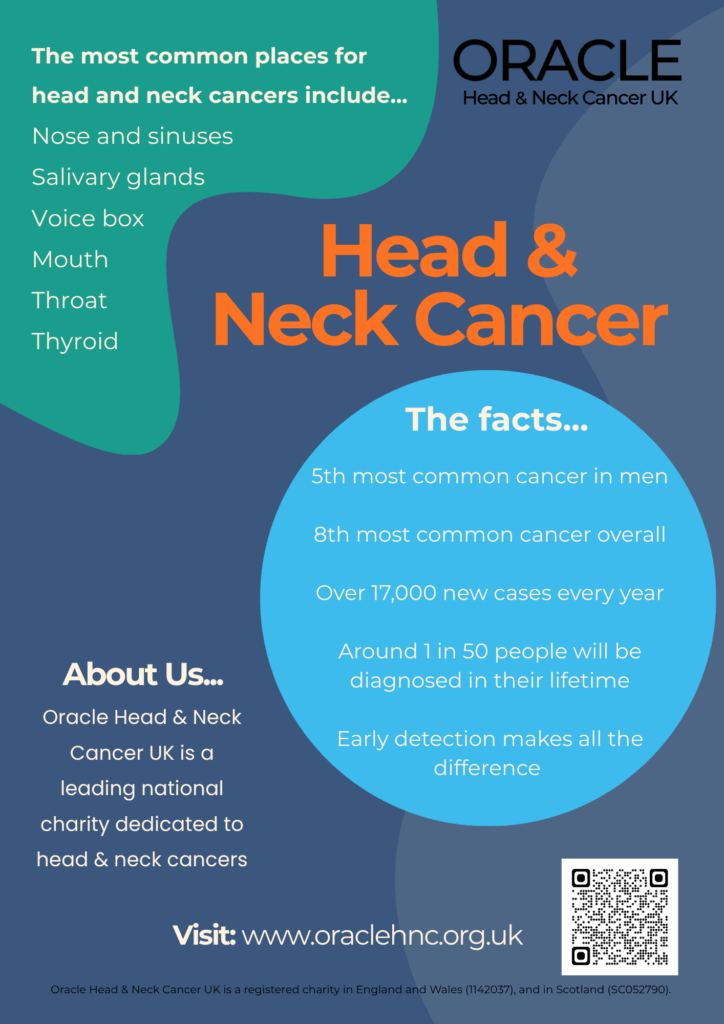 Head and neck cancer facts leaflet showing common cancer sites, key statistics and the importance of early detection.