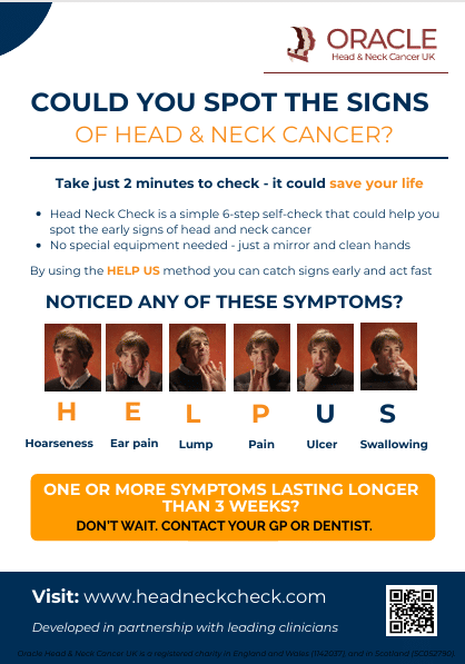 Head and neck cancer symptoms awareness poster showing signs including hoarseness, ear pain, lumps, ulcers and swallowing difficulties.