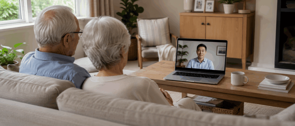 Older couple sitting together on a sofa watching an online head and neck cancer webinar on a laptop.