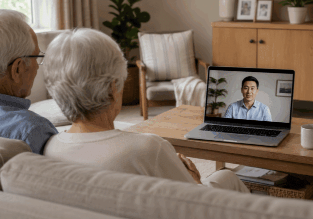 Older couple sitting together on a sofa watching an online head and neck cancer webinar on a laptop.
